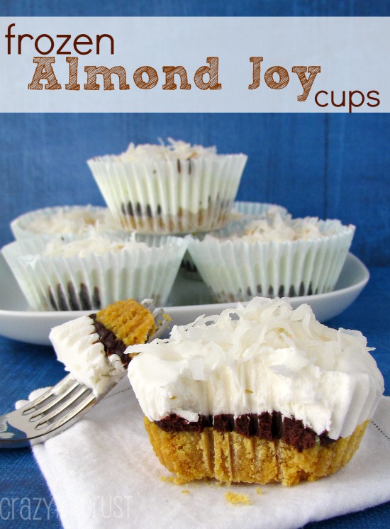 Almond joy cup on white napkin with fork and bite missing