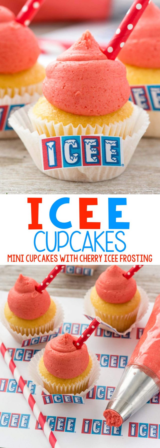 ICEE Cupcakes - this easy and fun cupcake recipe has a cherry ICEE frosting! Mini cupcakes with icing and a free printable label - kids LOVE THESE!