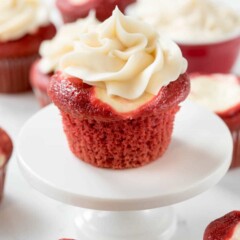 Red Velvet Cream Cheese Cupcakes with text on top