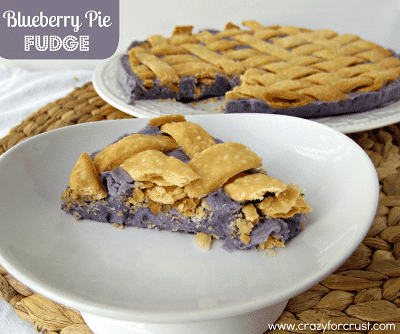 Blueberry pie fudge with a slice taken out and title 