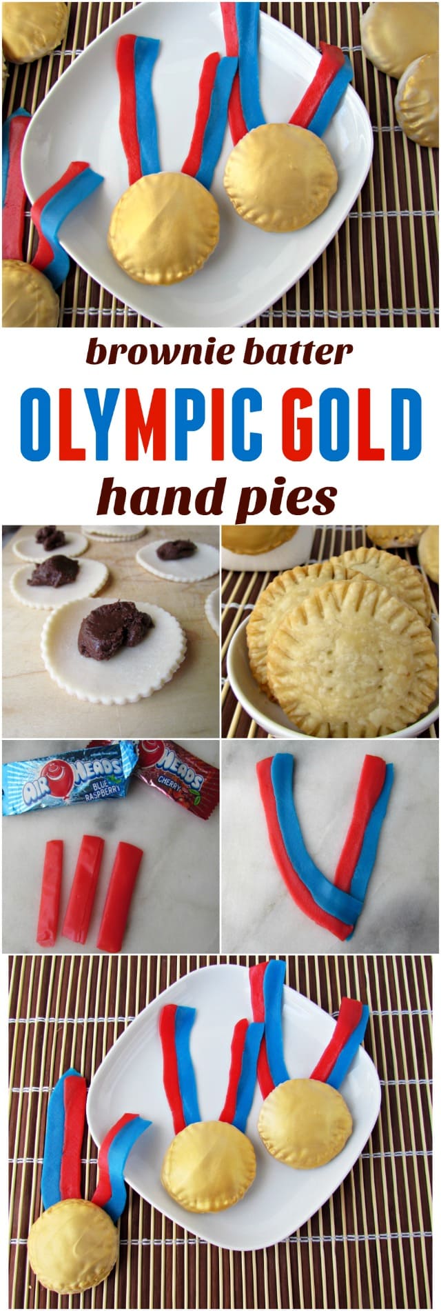 Olympic Gold Medal Brownie Batter Hand Pies - this easy hand pie recipe is filled with brownie batter and then decorated like a gold medal! Use gold edible spray to paint the "medals" and airheads to make the straps!