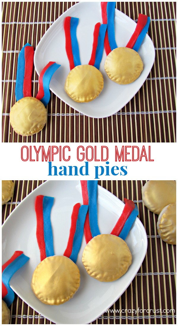 2 photos of olympic gold medal hand pies with words in the middle