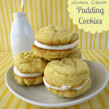 Lemon cream pudding cookies on a white plate with a bottle of milk in the background, graphic title on the top right.