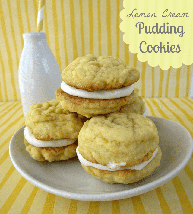 Lemon Cream pudding cookies with title on a white plate