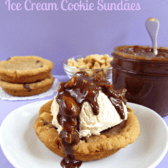 pb cookie with ice cream and hot fuge on white plate with purple background