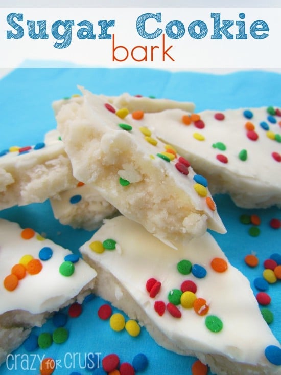 sugar cookie bark on a blue napkin with title