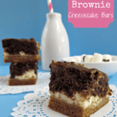 smores brownies on white doily with blue background