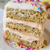 slice of easy banana cake on white plate