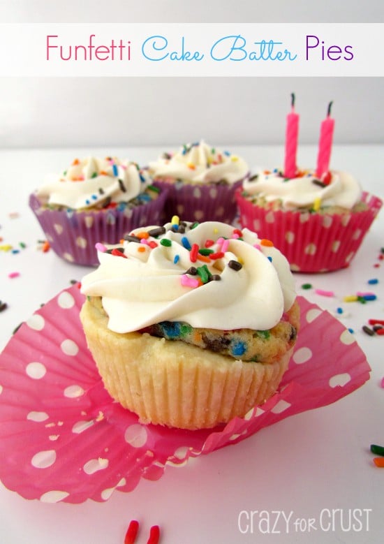 Funfetti cake batter pie with pink polka dot cupcake filter and more pies in the background