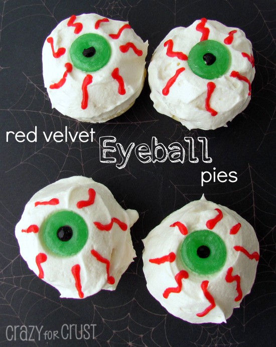 Red Velvet Eyeball Pies with whipped cream and red frosting eyes with lifesaver pupils
