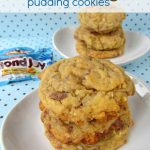 Almond Joy Pudding Cookies on a white plate with title