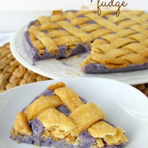 Blueberry pie fudge with a slice taken out and title