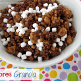 Overhead shot of s'mores granola in a white dish with the graphic title in the bottom left corner.