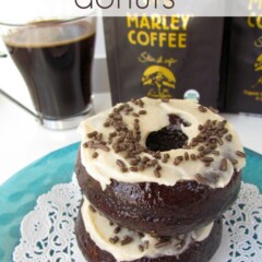 triple mocha donuts on doily on blue plate with coffee in background and words on photo