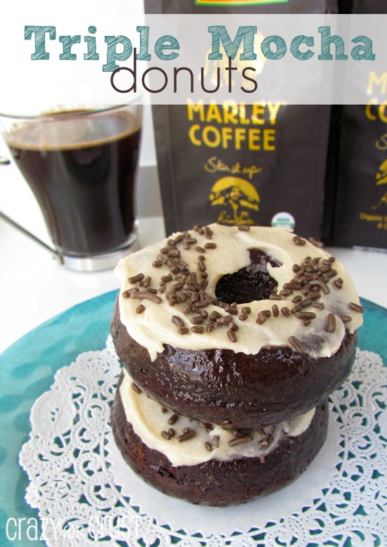 triple mocha donuts on doily on blue plate with coffee in background and words on photo