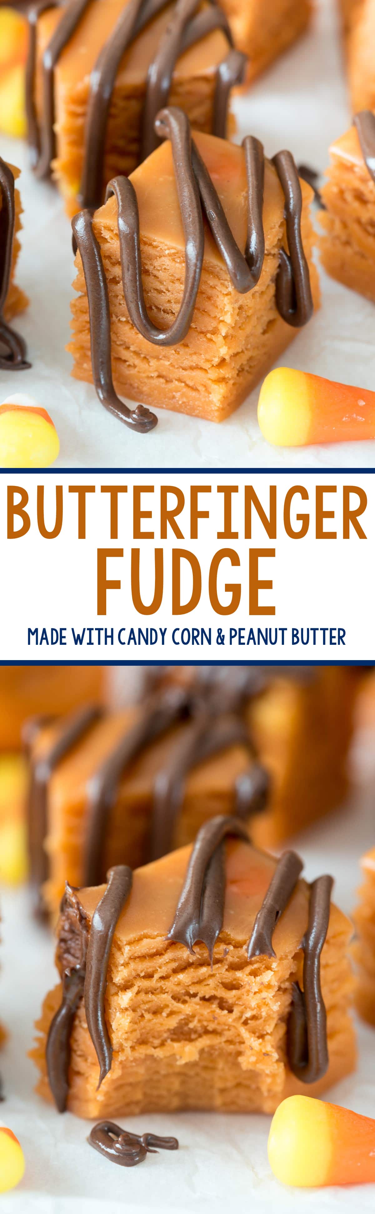 This easy 3-ingredient Butterfinger Fudge tastes just like the candy bar and it's made with candy corn!