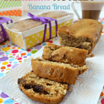 Fluffernutter Nutella Banana Bread loaf sliced up and graphic image title at the top.