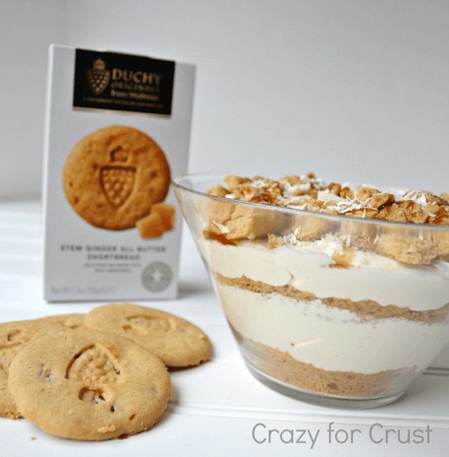 ginger white chocolate trifle in a trifle dish and ginger cookies