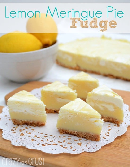 Lemon Meringue Pie Fudge on doily on cutting board with lemons behind