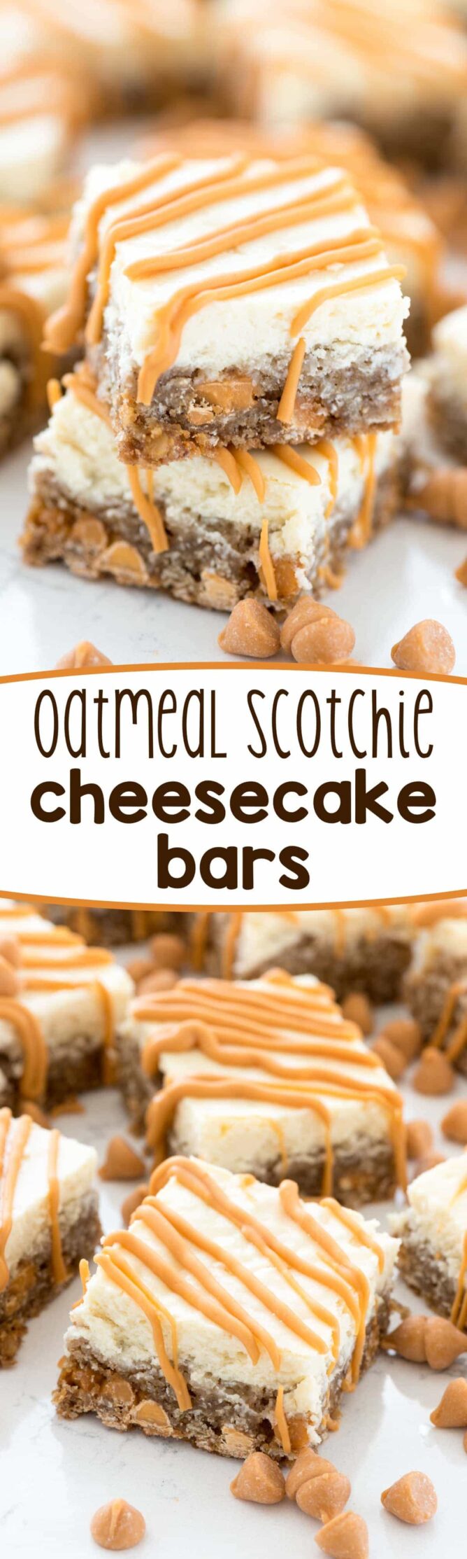 collage of oatmeal scotchie cheesecake bars