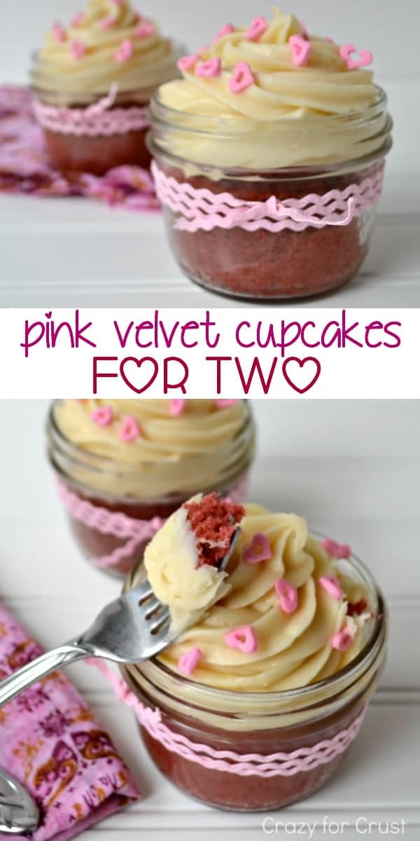 pink velvet cupcakes in jars with cream cheese frosting and pink heart sprinkles, wrapped with a pink bow with words on photo