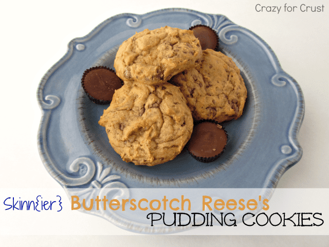 Three Skinnier Butterscotch Reese's Pudding Cookies on blue plate with mini Reese's cups around cookies