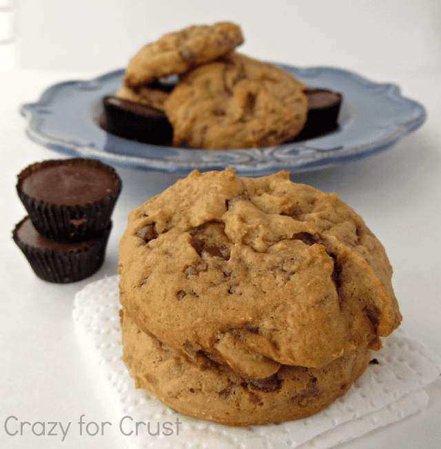 Skinnier butterscotch reese's pudding cookies on a paper towel with reese's cups and more cookies on a plate behind it