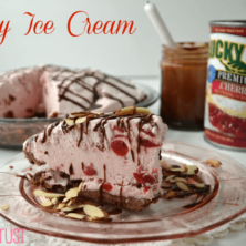 Slice of cherry ice cream pie on a clear plate with cherry can behind it and whole pie in the background, graphic title on the top right.