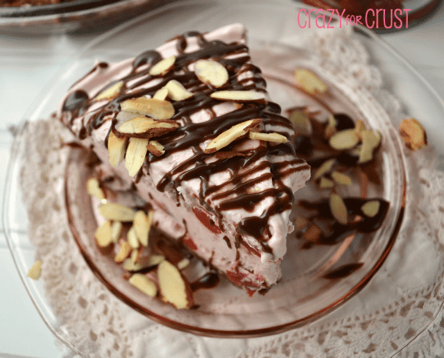 cherry ice cream pie on pink plate