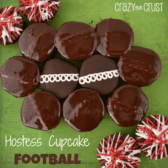Hostess cupcake football treats in the shape of a football with additional cupcakes decorate as red and white pom poms, graphic title on the bottom left.