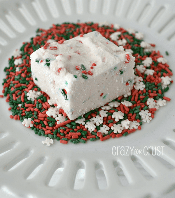 funfetti marshmallows with christmas sprinkles on white platter