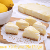 Lemon pie fudge slices on a white doily, with graphic image on the bottom left.
