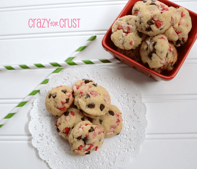 peppermint chocolate chip cookies in a pile  on white backgroud