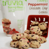 Peppermint chocolate chip cookies with Truvia bag in the background, top right has the graphic title.