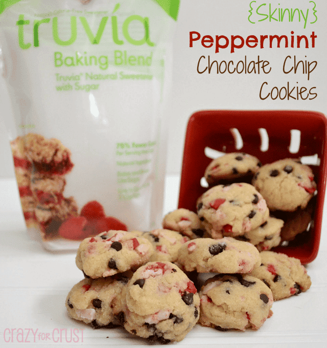 peppermint chocolate chip cookies in a pile with truvia behind on white backgroud