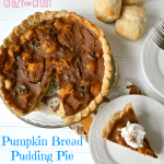 Overhead shot of slice of pumpkin bread pudding pie, with remaining pie on the left, with graphic title on the bottom left.