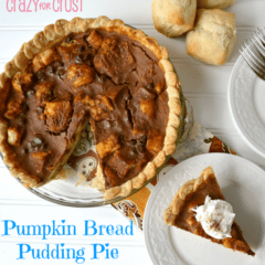 Overhead shot of slice of pumpkin bread pudding pie, with remaining pie on the left, with graphic title on the bottom left.