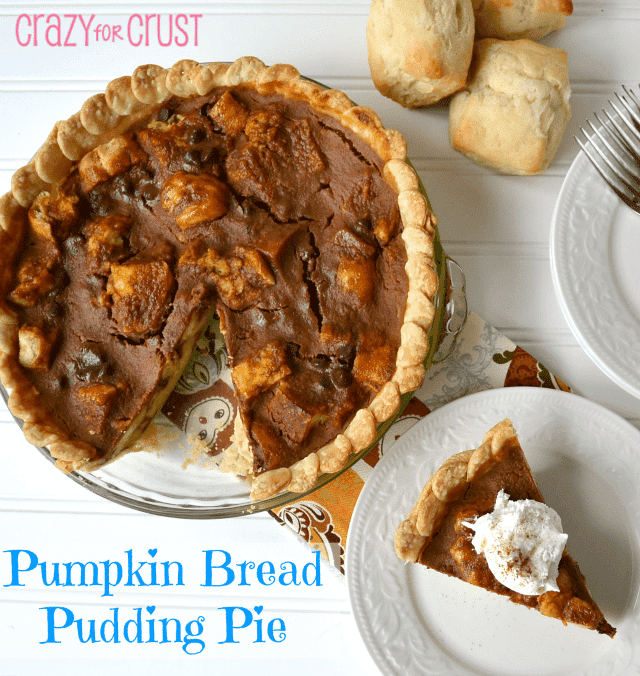Overhead shot of Pumpkin Bread Pudding Pie with one piece on a white plate and recipe title in bottom left corner