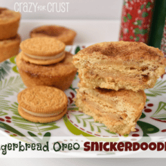 A stack of gingerbread oreo snickerdoodles on a plate next to oreo cookies and holiday sprinkles.