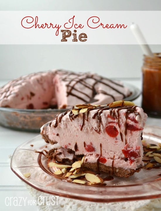 cherry ice cream pie on pink plate