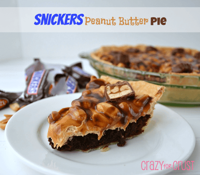 snickers pie slice on white plate with words on photo