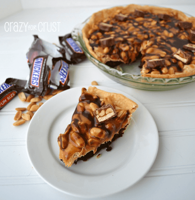 snickers pie slice on white plate 