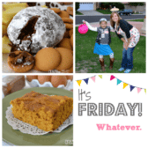 Four picture collage of cake, cookies and mom/daughter trick or treating with It's Friday Whatever graphic image on the bottom right.