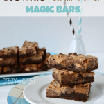 Stack of brownie peanut butter magic bars on a white plate, with more bars and a milk cup with straws in the background, with graphic title on the top.