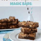Stack of brownie peanut butter magic bars on a white plate, with more bars and a milk cup with straws in the background, with graphic title on the top.