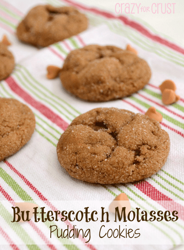 Butterscotch Molasses Pudding Cookies on a kitchen towel with title