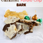 Caramel potato chip back on a white paper with caramel kisses candies in the background, graphic title on the top.