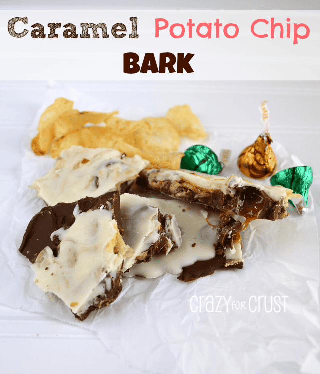 Caramel Potato Chip Bark on parchment paper with title