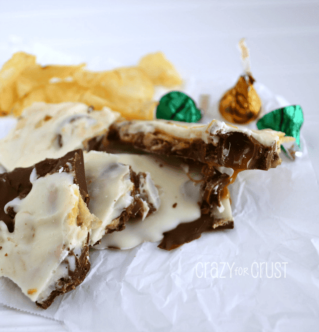 caramel potato chip bark on parchment paper