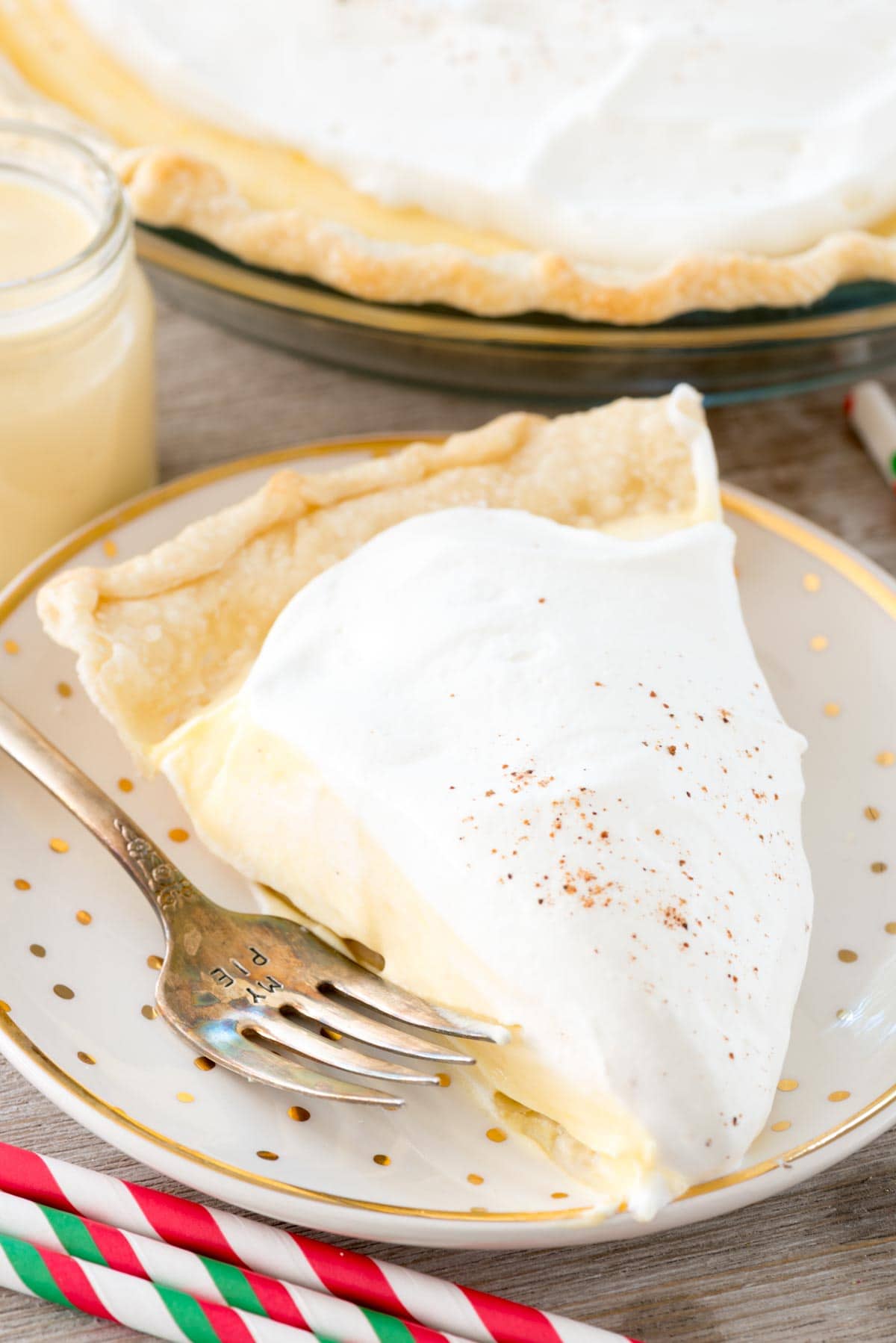 slice of eggnog pie on plate